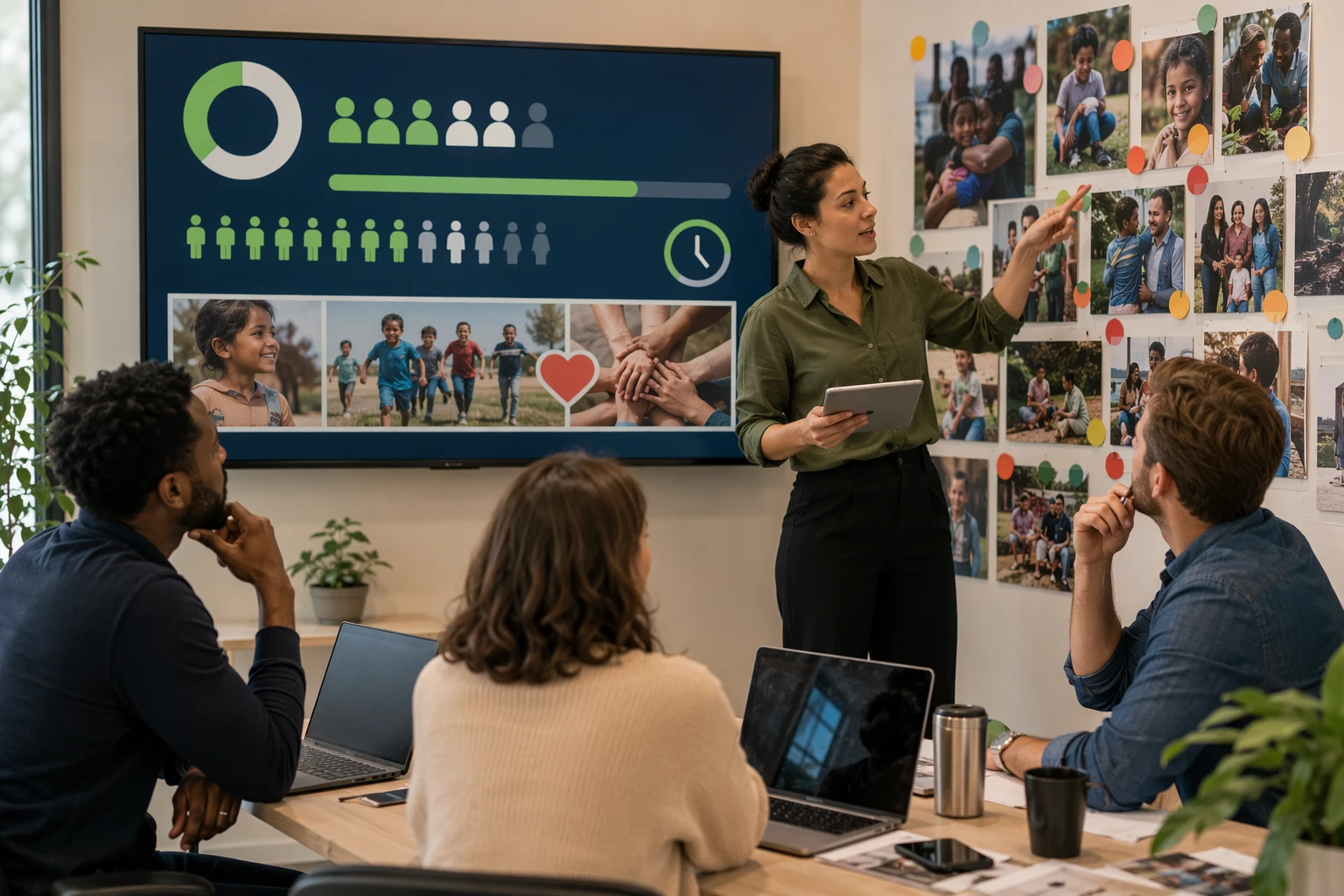 Nonprofit team reviewing donor wall and campaign dashboard