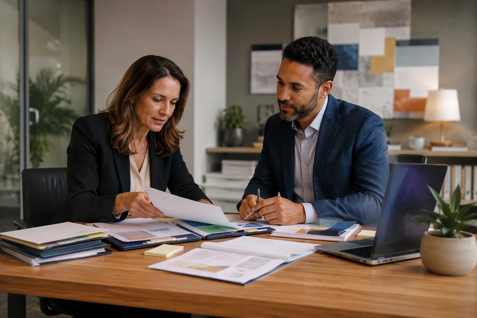 Development director reviewing donor portfolios in nonprofit office
