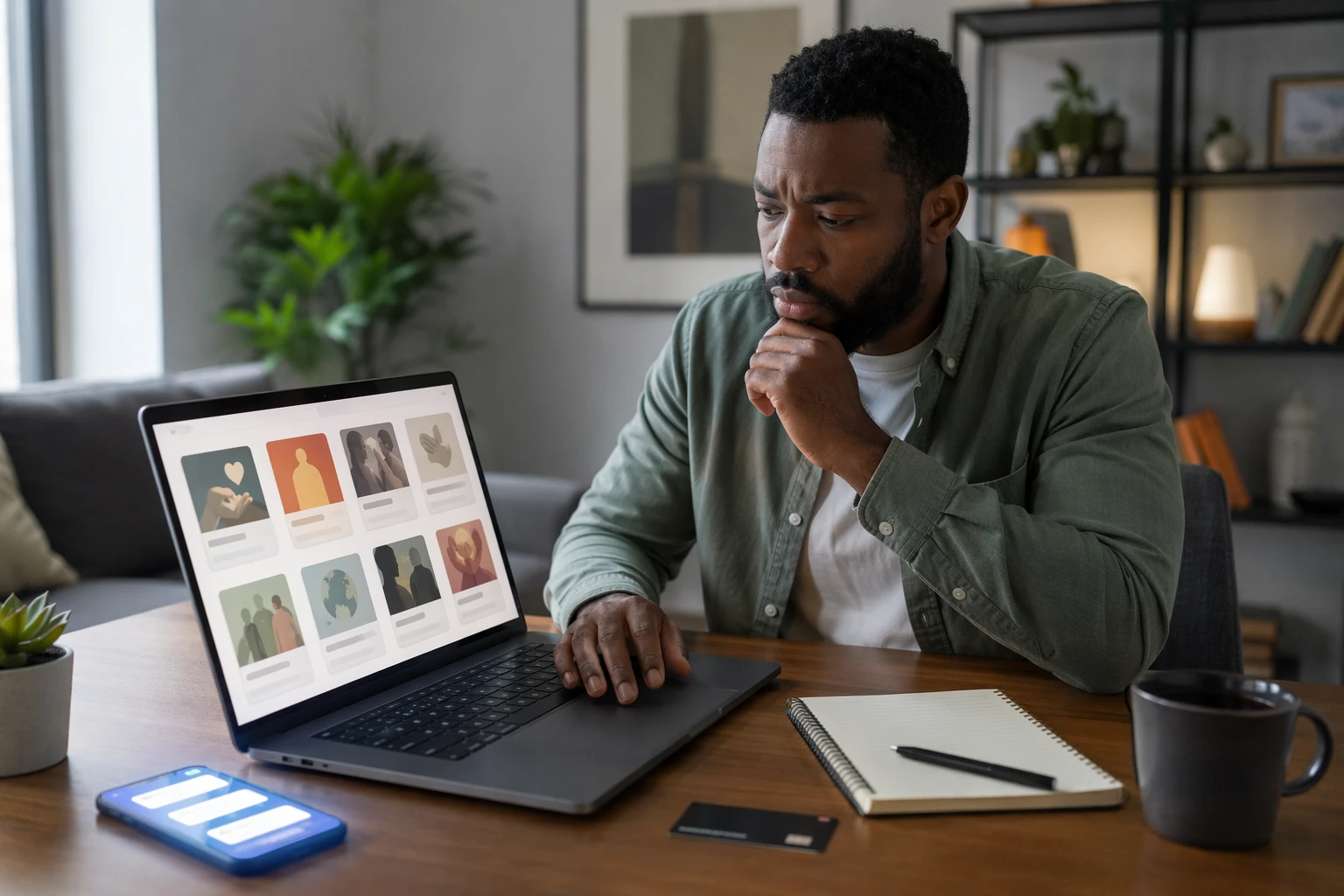 Donor comparing charity options on laptop with notifications