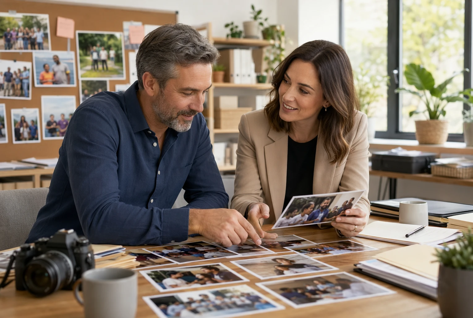 Donor and nonprofit reviewing portrait photos in office