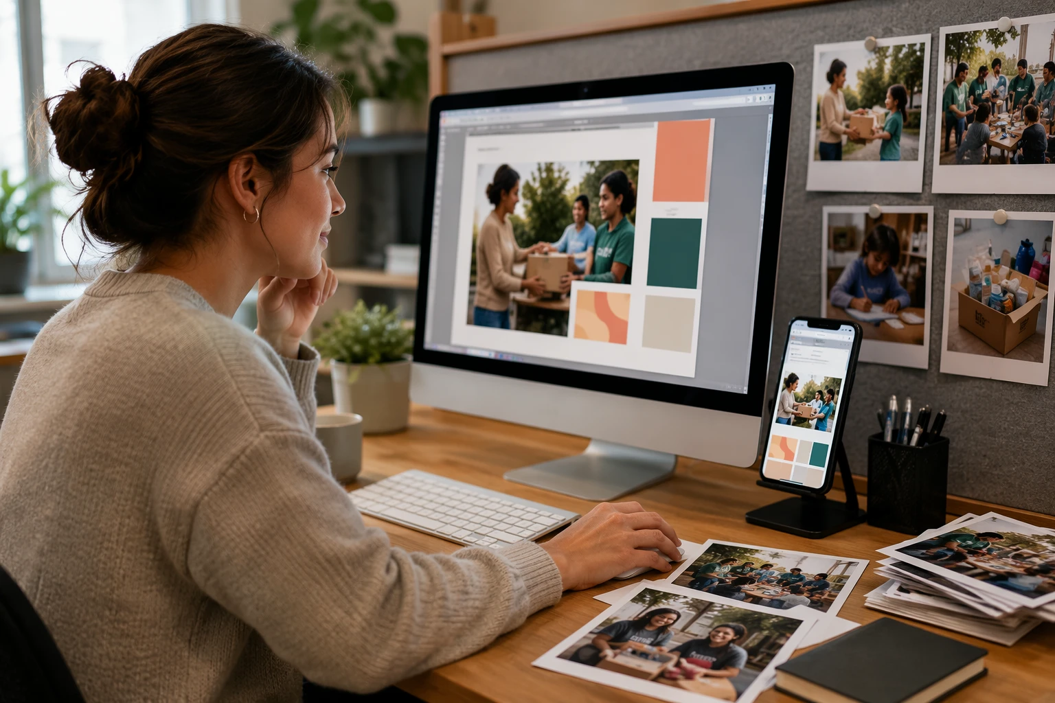 Nonprofit social media manager posting thank-you graphic at desk