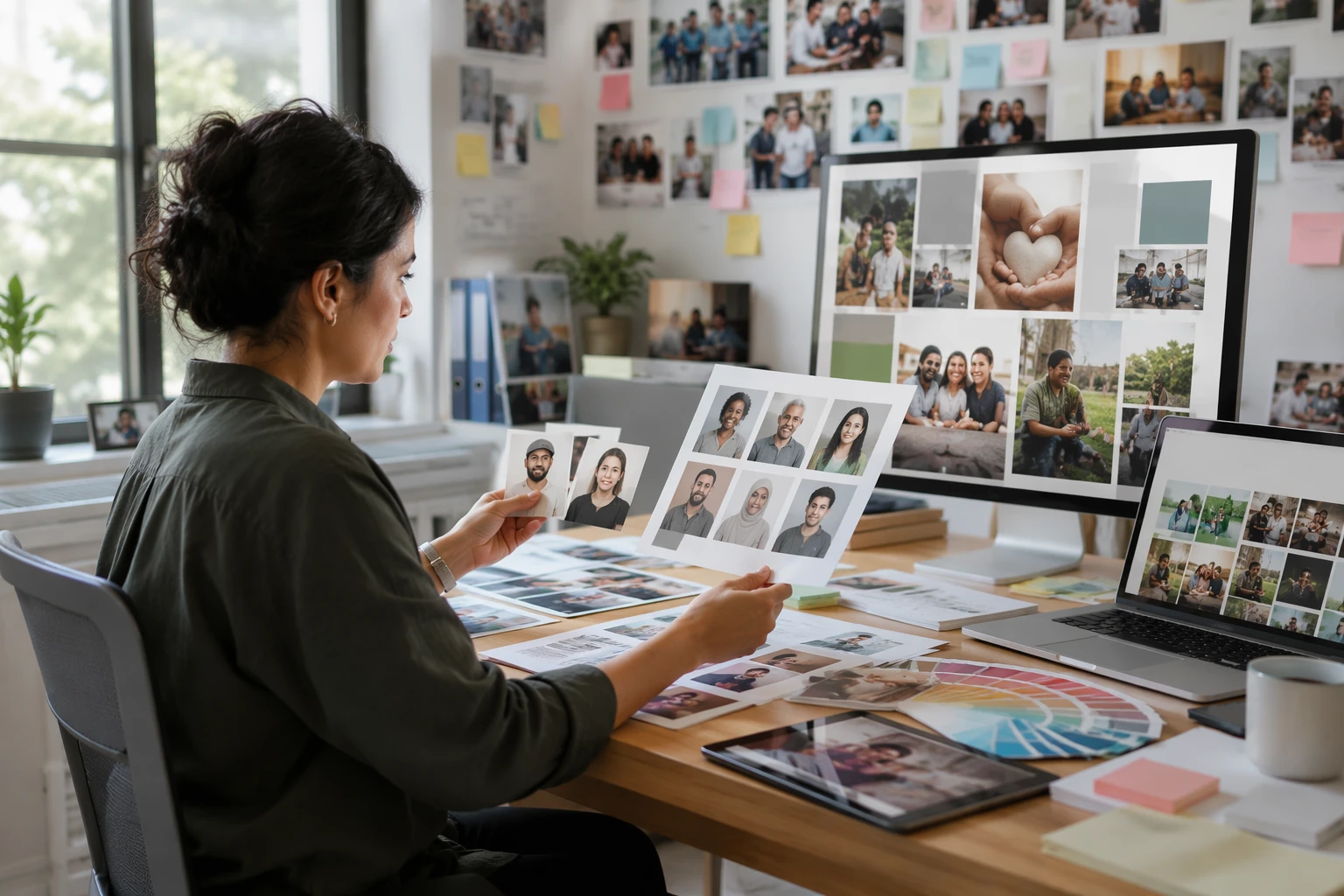 Fundraiser reviewing donor profiles in bright office