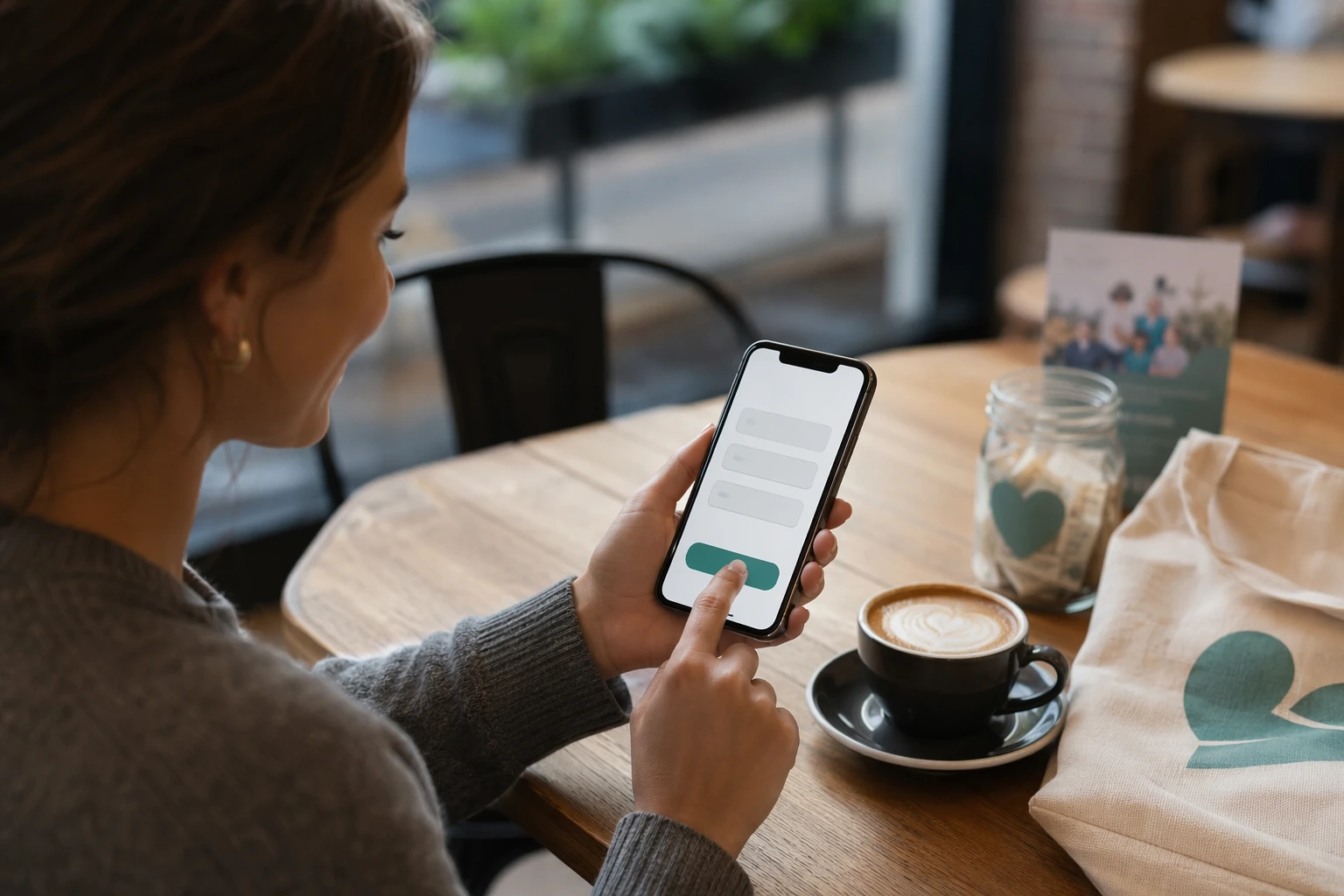 Donor completing mobile donation at coffee shop