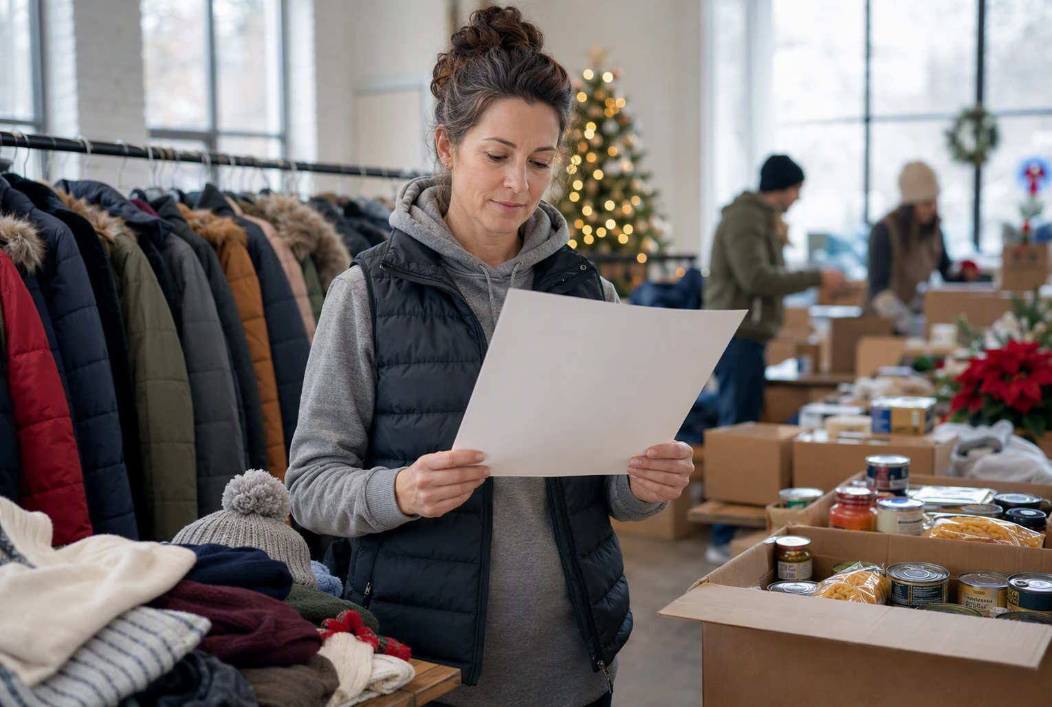 Volunteer reading donor appeal beside winter coats and food boxes