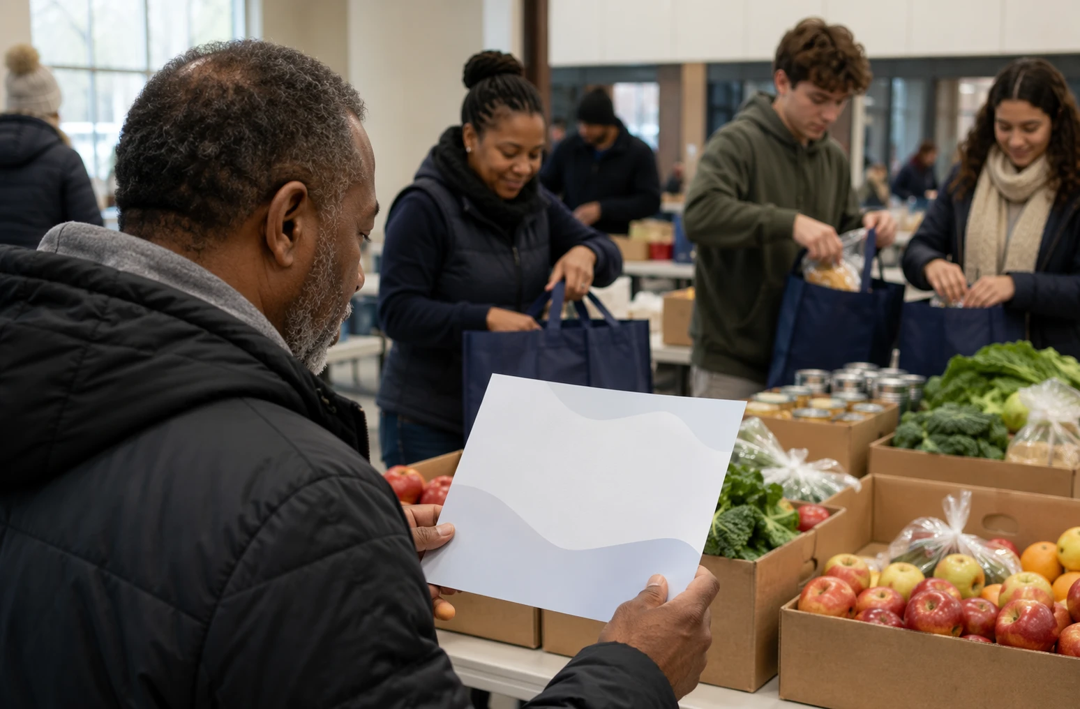 Donor reading appeal near staff sorting meal kits