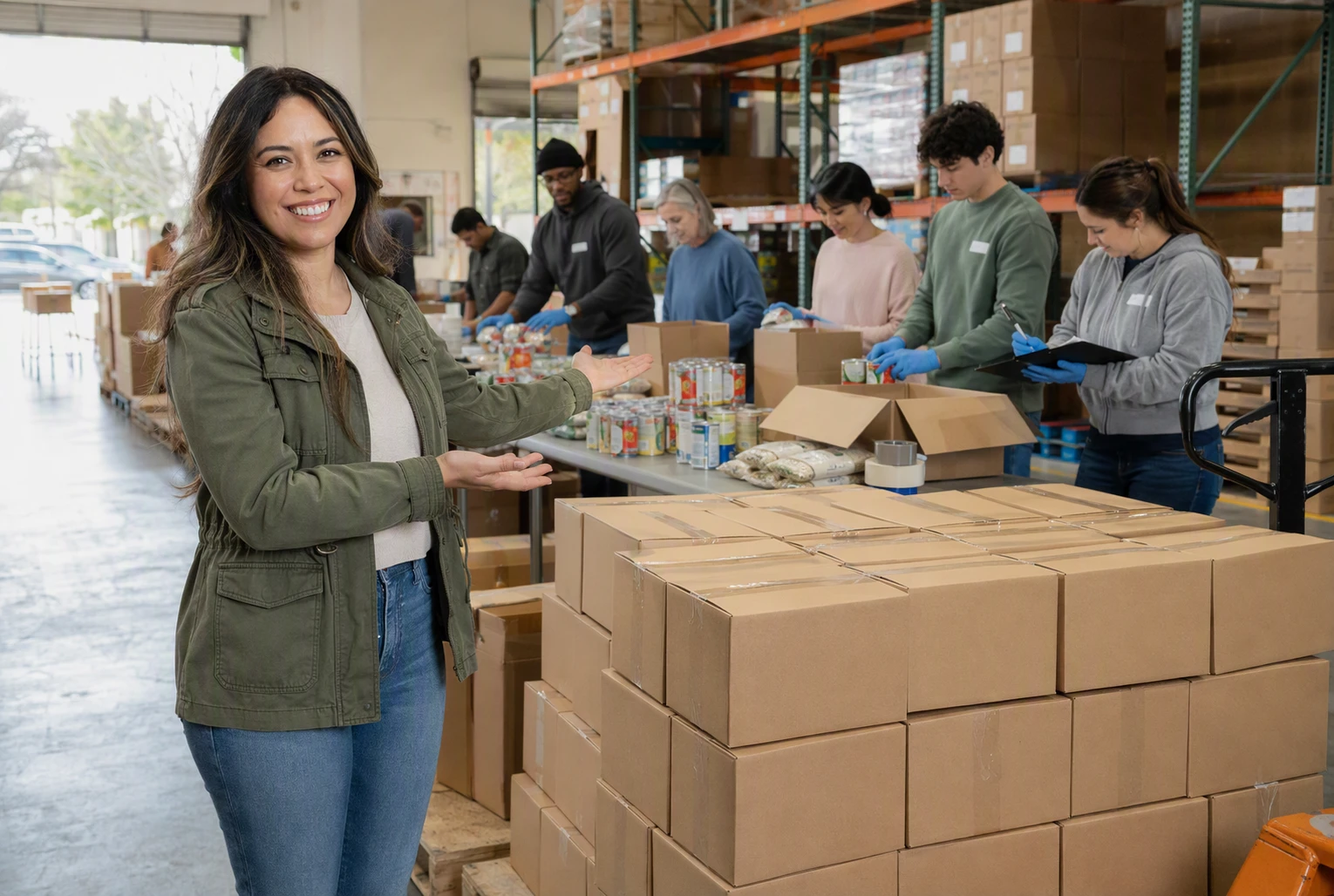 Fundraiser pointing to packed meal boxes in warehouse