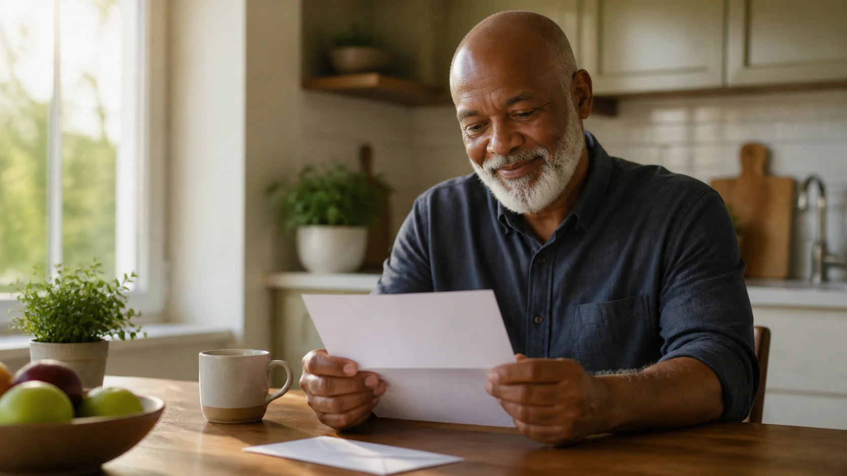 Donor reading personalized appeal at sunny kitchen table