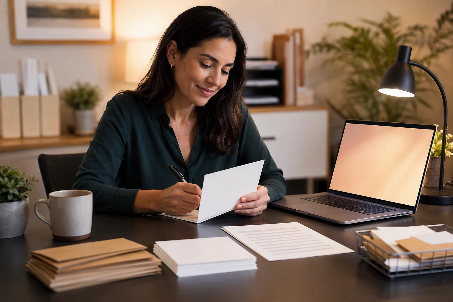 Nonprofit staff writing thank-you card beside laptop