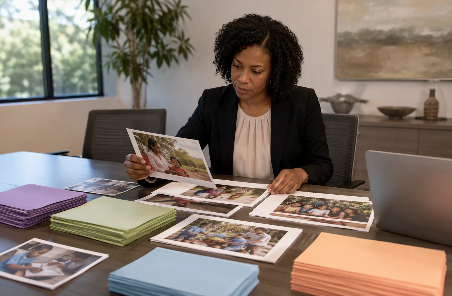Program manager reviewing donor impact updates at conference table