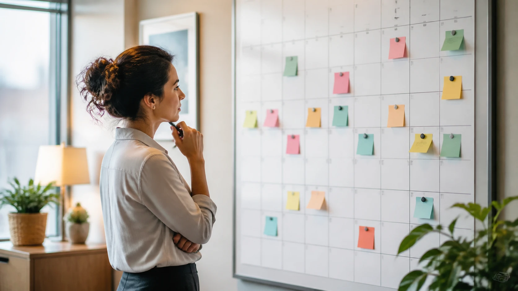 Donor relations staff reviewing anniversary calendar in bright office