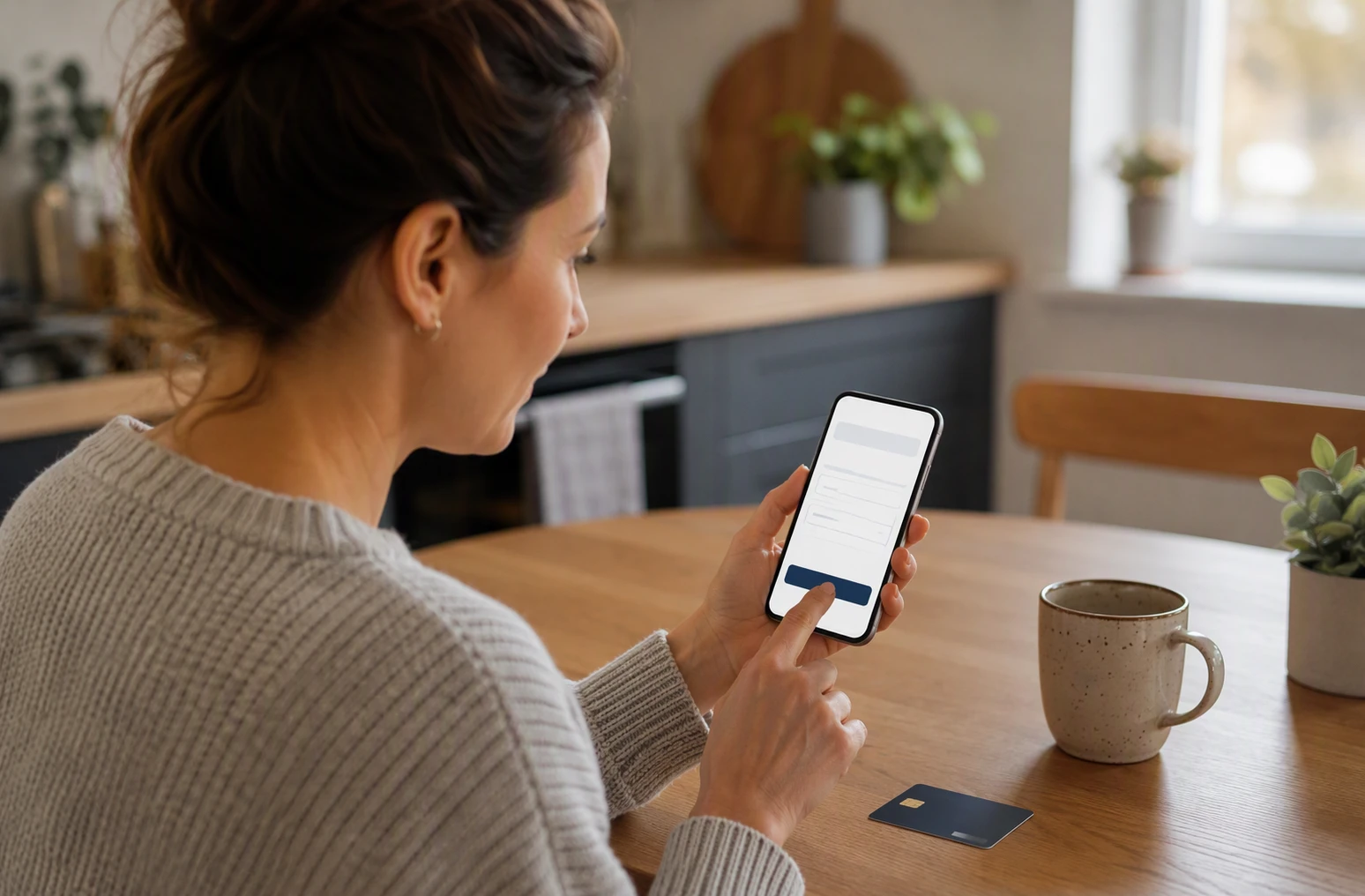 Donor completing short mobile donation form at kitchen table