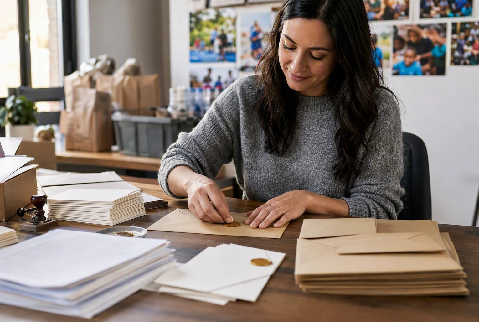 Nonprofit staff sealing thank-you cards beside donation receipts