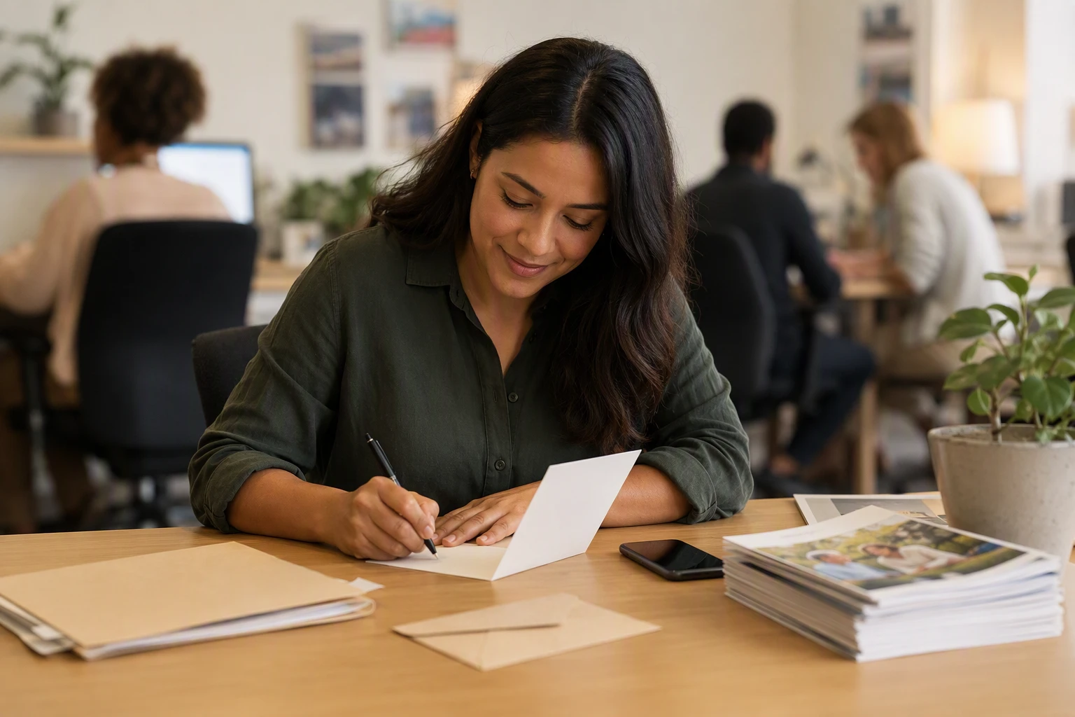Fundraiser writing a heartfelt thank-you note at a nonprofit desk
