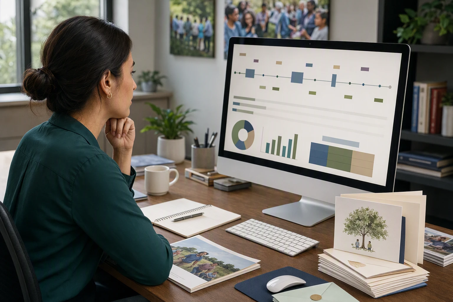 Development officer reviewing donor anniversary card beside desktop with charts