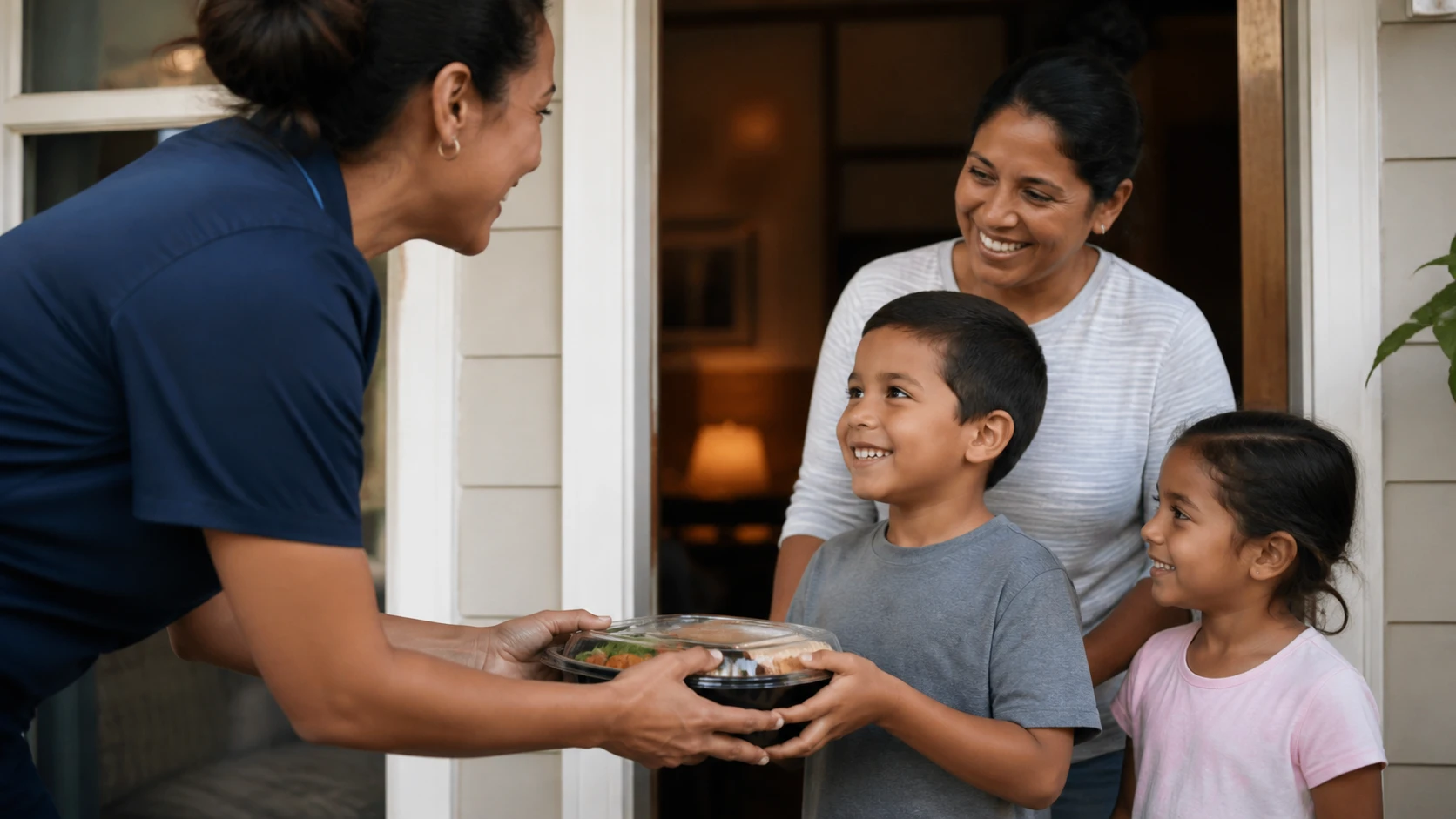 Program staff delivering a meal to grateful family at home