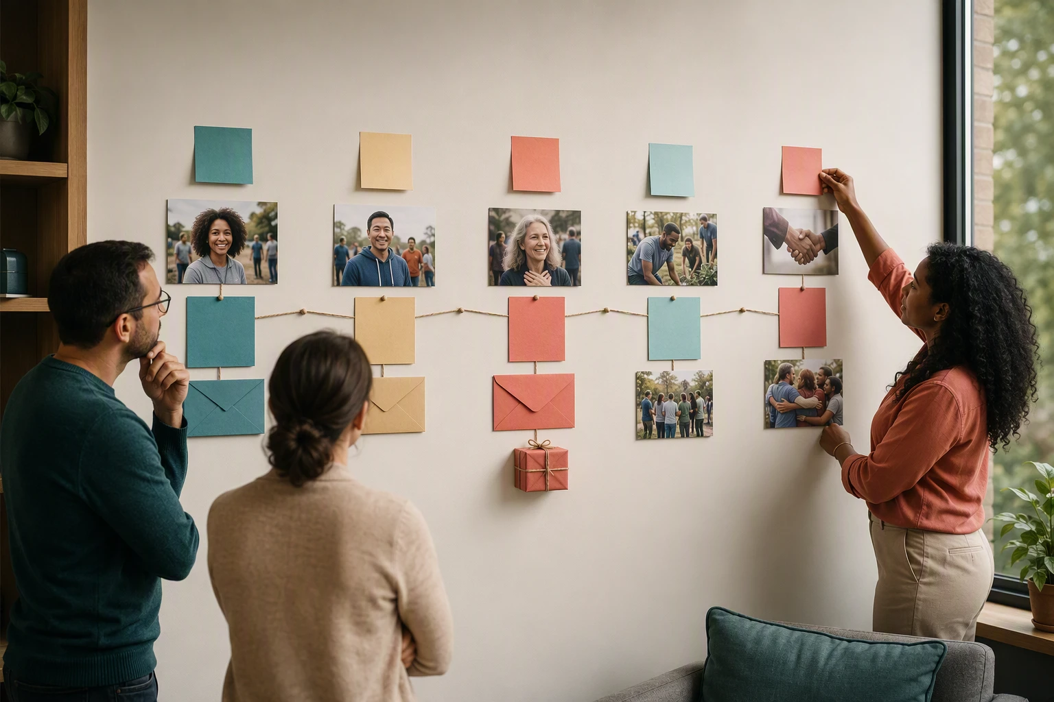 Nonprofit team maps donor stages with photos and visual progress markers