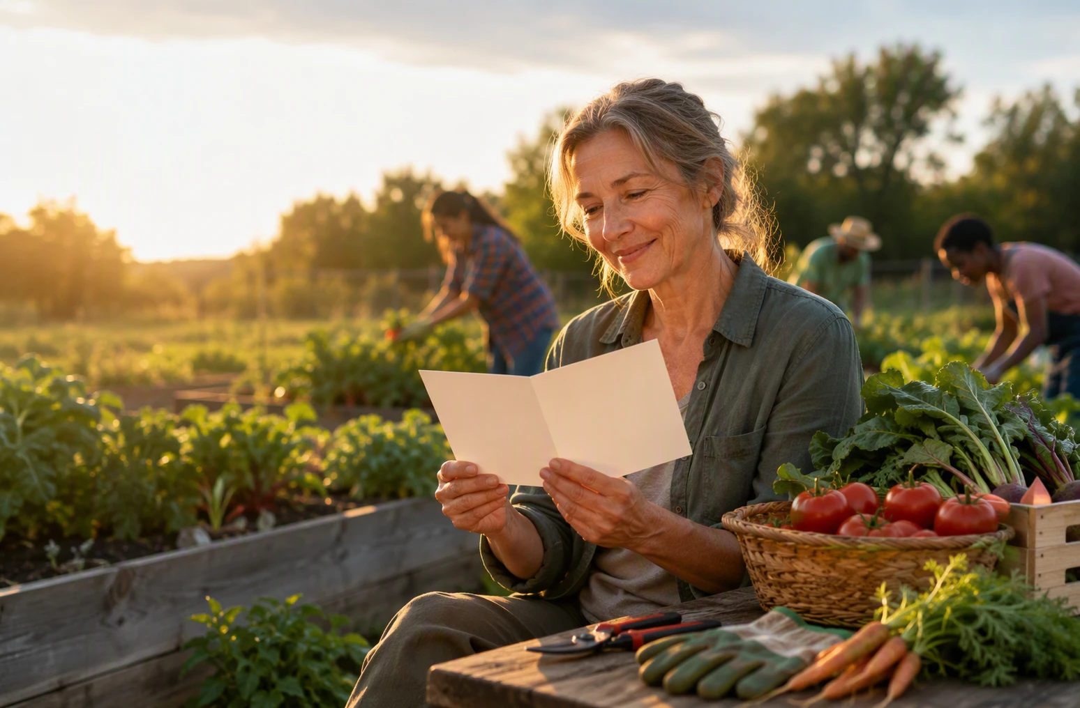 A donor holds a thank-you note beside fresh garden harvest baskets