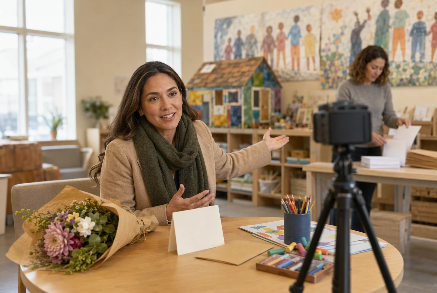 Fundraiser filming thank-you video at community center