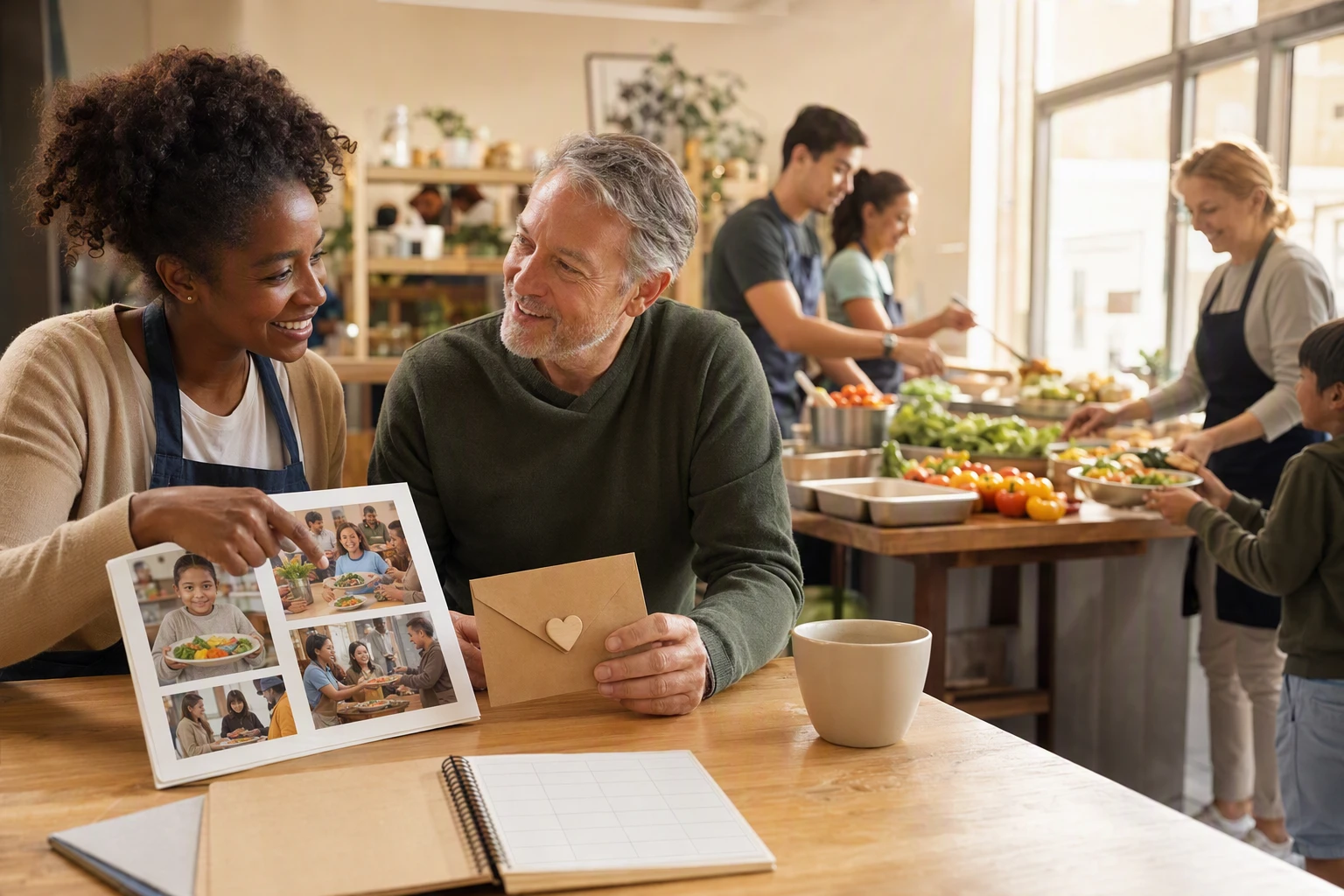 Volunteer and donor reviewing meal program impact together