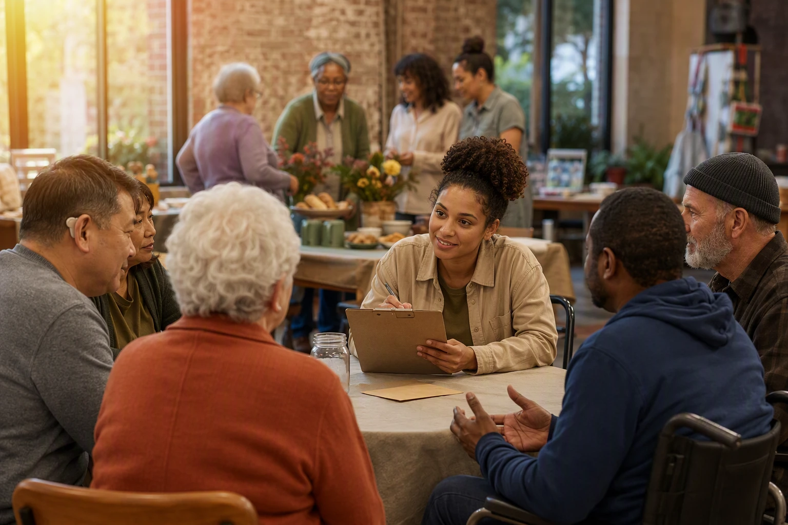 Diverse donors gathered around a community fundraiser