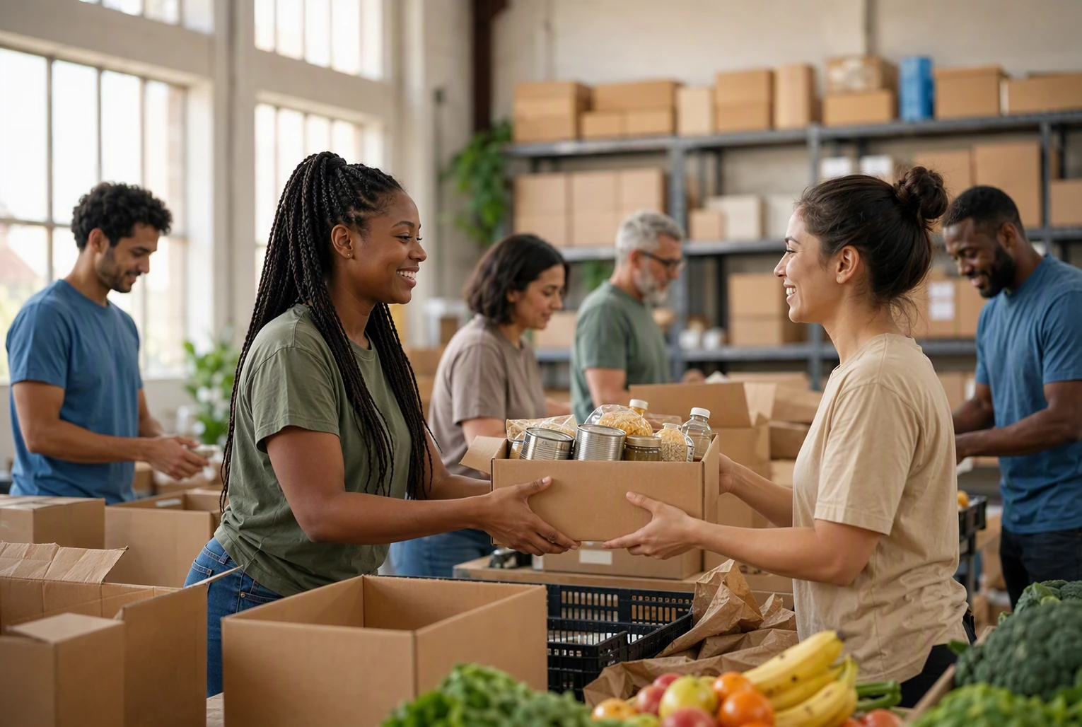 Volunteers packing meal boxes in warehouse light