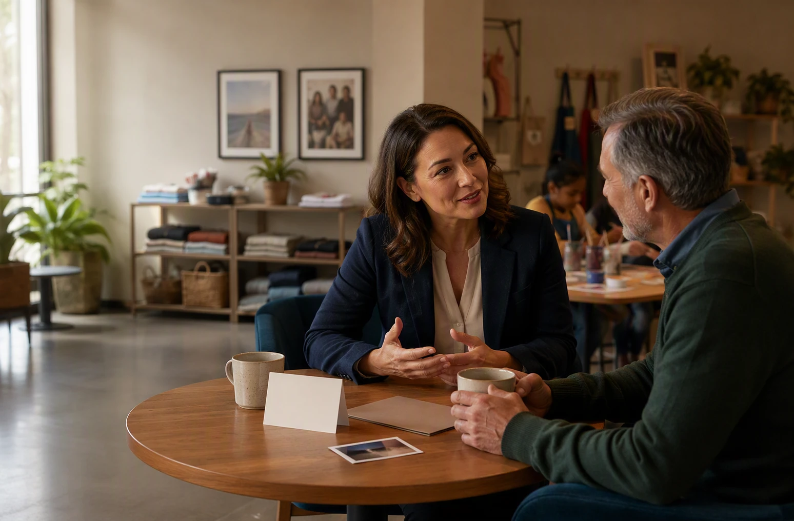 Two professionals sharing coffee over a donor file