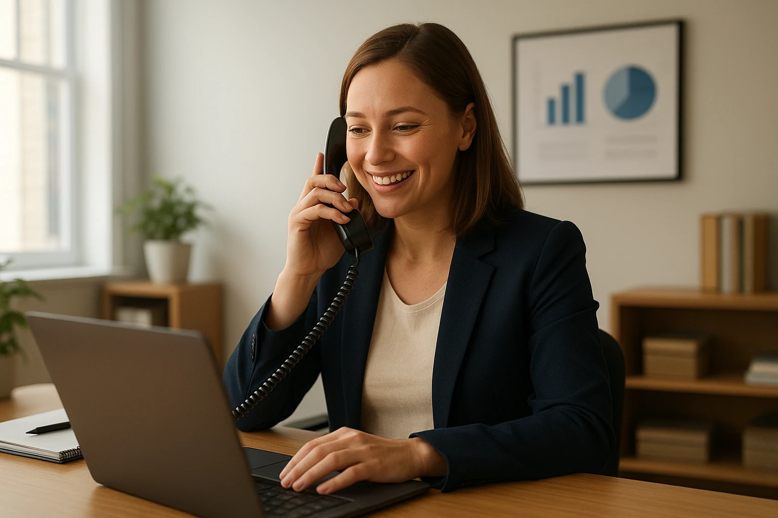 Fundraiser calling donor at tidy desk