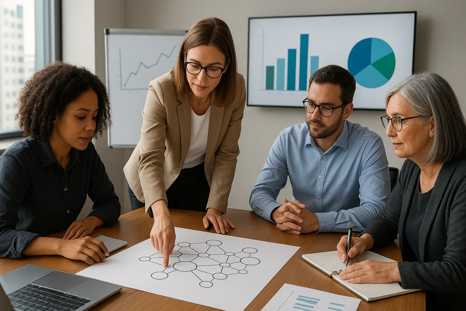 Fundraising team mapping donor relationships at conference table