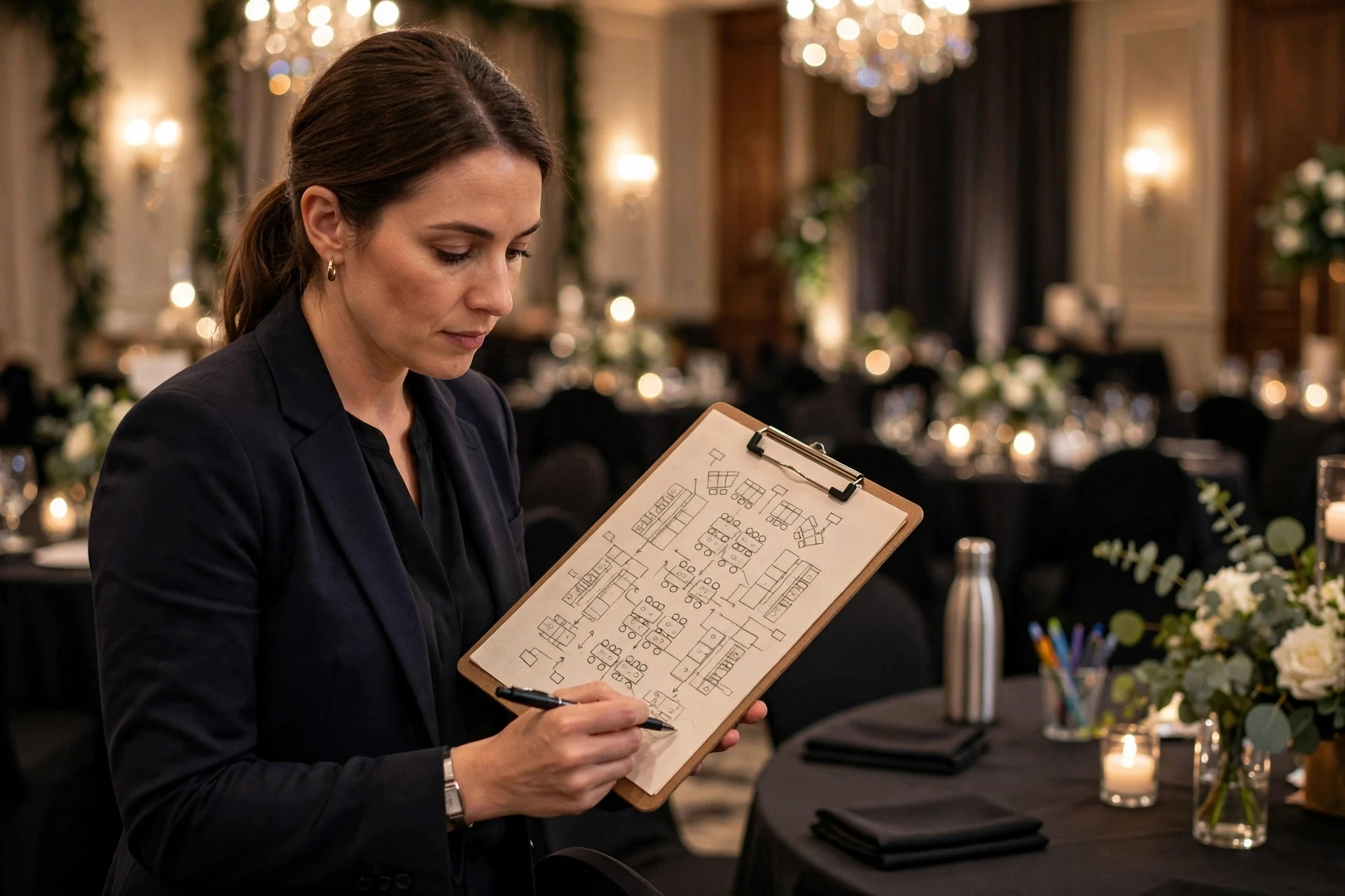 Event organizer reviewing gala seating chart