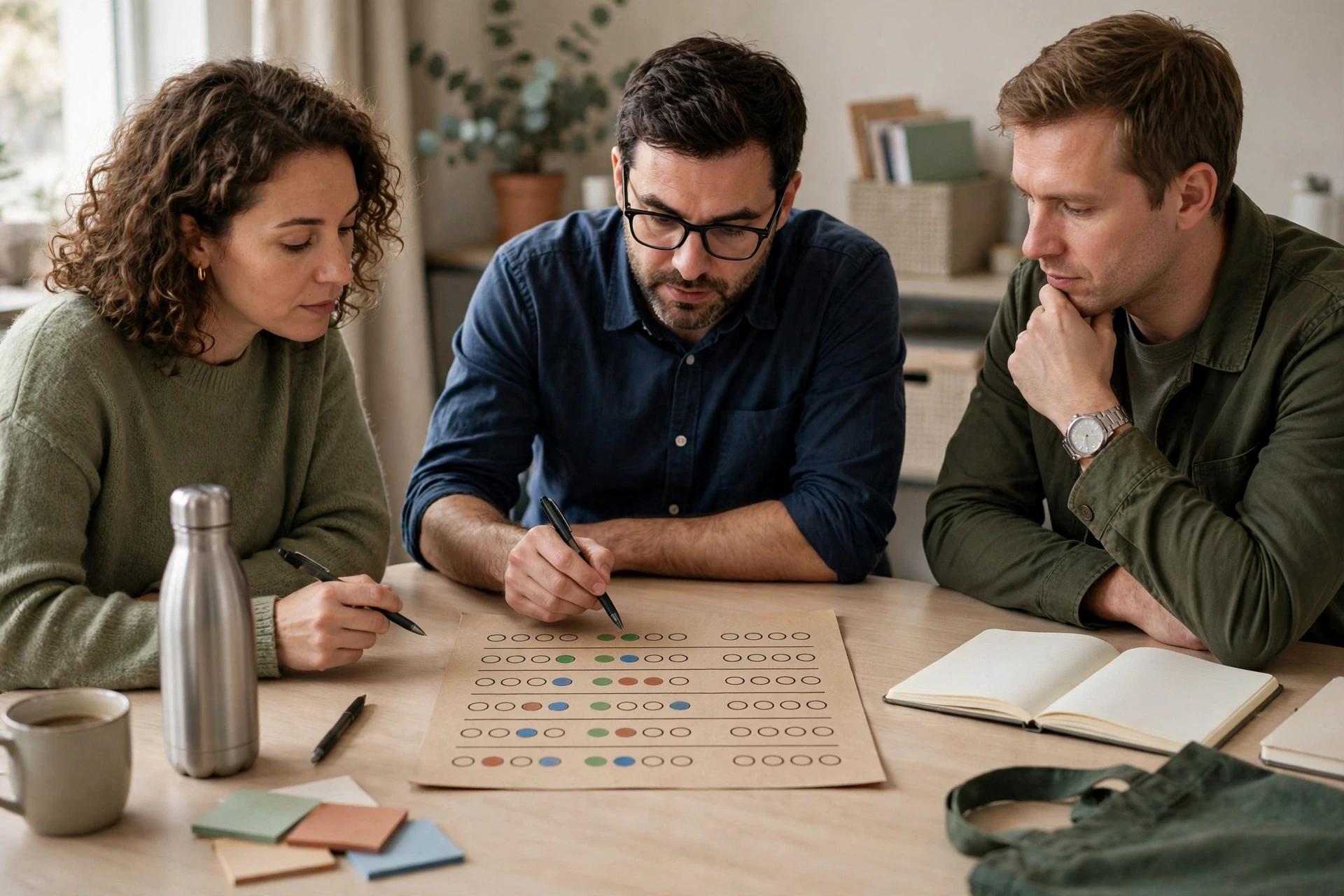 Nonprofit team scoring fundraising methods on worksheet