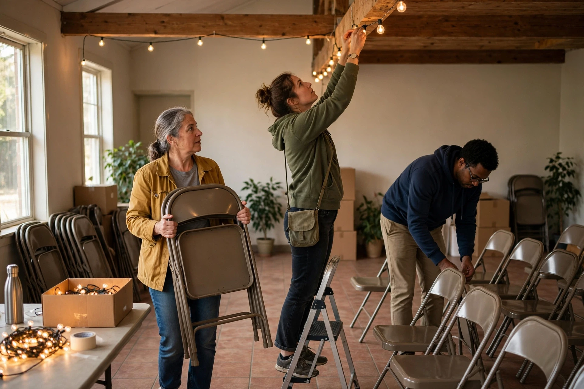 Volunteers arranging chairs beneath warm string lights