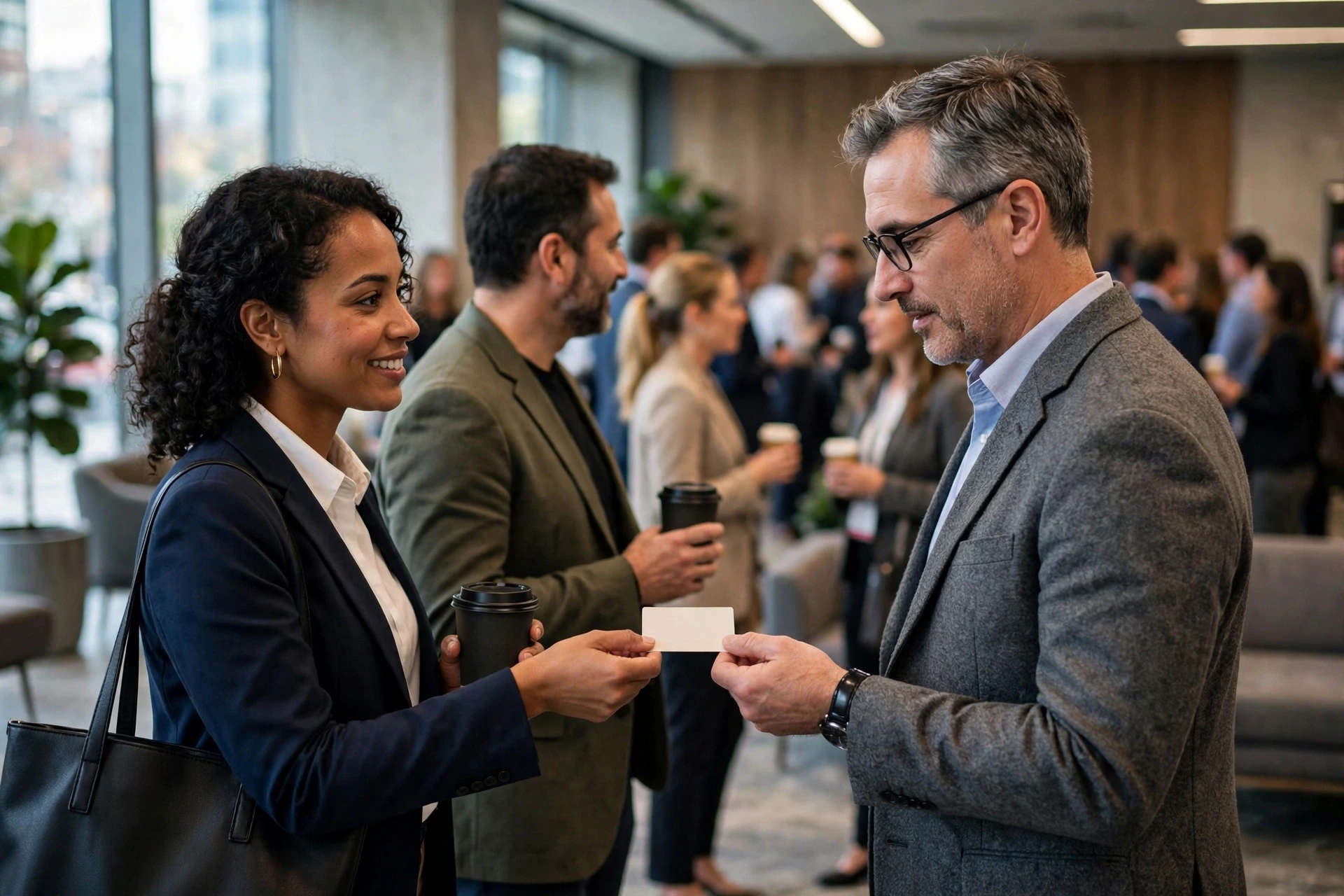 Conference attendees exchanging business cards in lobby