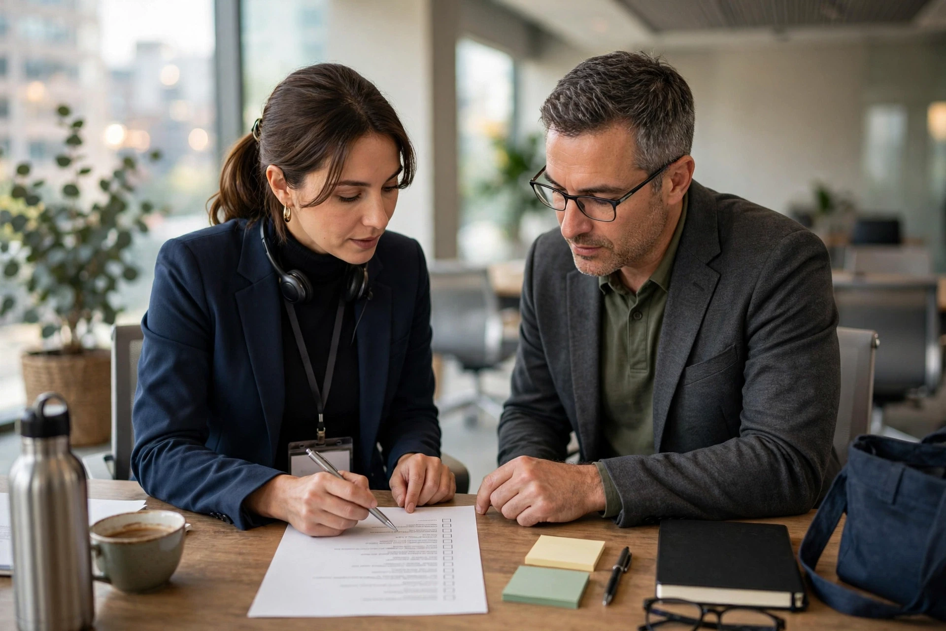 Two professionals reviewing a printed event checklist